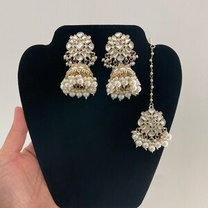 Light Gold and Pearl Statement Jhumka Earrings with Headpiece